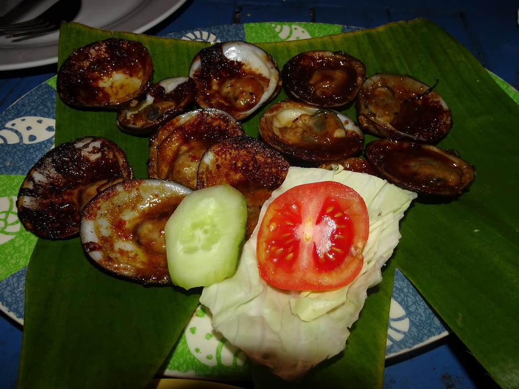 Shellfish for dinner at the terrace of the Teba Café restaurant at Jimbaran Beach