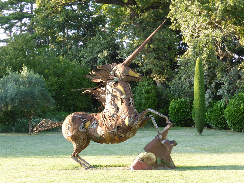 Metal unicorn statue at the garden at the left side of the Château de Beauregard castle