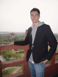 Tim on top of the tall pavilion at Qingming Shanghe Park