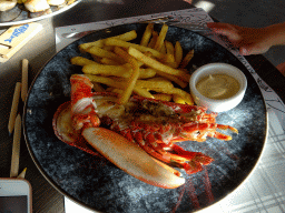 Lobster and fries for dinner at the Seafarm restaurant