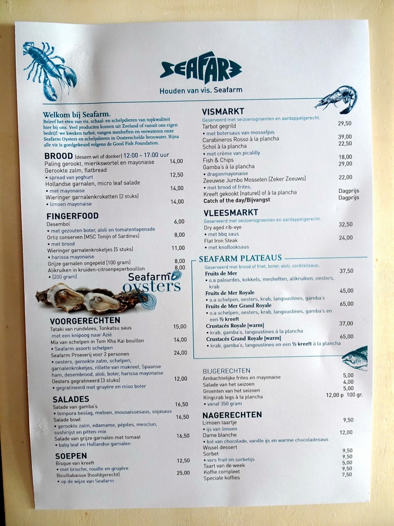 Menu of the Seafarm restaurant