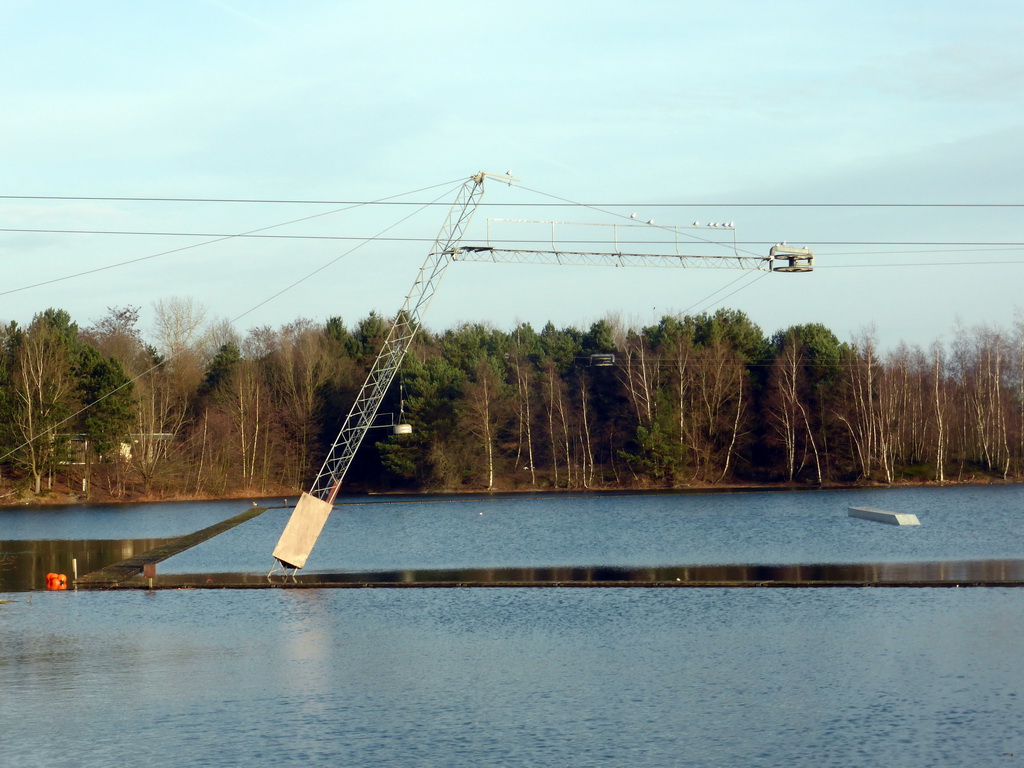 Zip line at the west side of the main lake of the Center Parcs Kempervennen holiday park