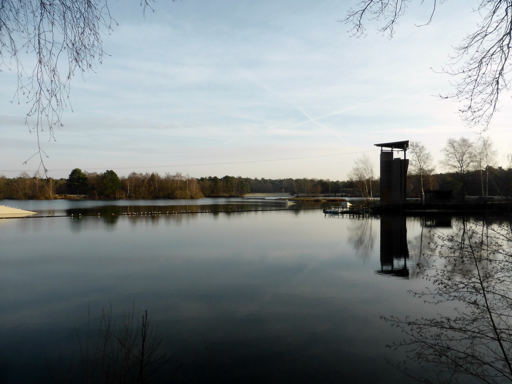 Zip line at the west side of the main lake of the Center Parcs Kempervennen holiday park