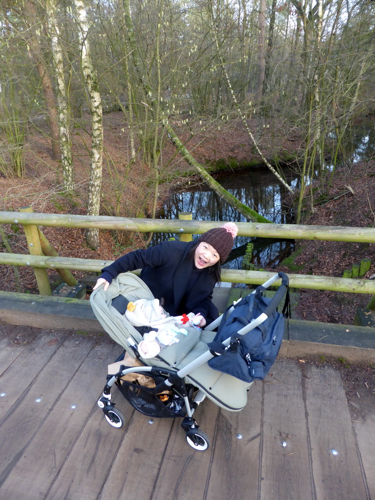 Miaomiao with Max in a trolley on a bridge over a river at the Center Parcs Kempervennen holiday park