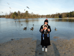 Miaomiao and Max with geese and seagalls at the south side of the beach at the Center Parcs Kempervennen holiday park