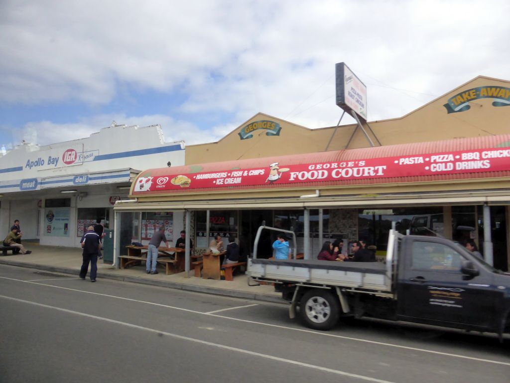 Restaurants at Collingwood Street at Apollo Bay, viewed from our tour bus on the Great Ocean Road