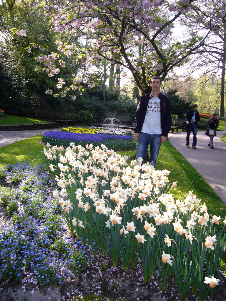 Tim with flowers in many colours and a fountain in a grassland near the central lake of the Keukenhof park