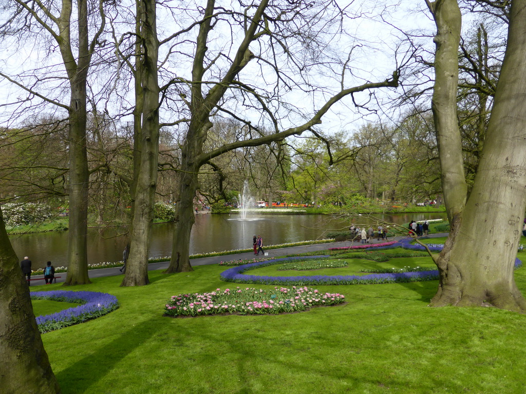 Flowers, grassland and the central lake at the Keukenhof park