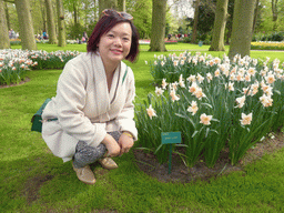 Miaomiao with `Dear Love` daffodils in a grassland near the central lake at the Keukenhof park