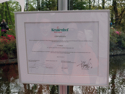 Certificate from the Royal General Bulbgrowers` Association for the `Cathay` tulip, in the Willem-Alexander pavilion at the Keukenhof park