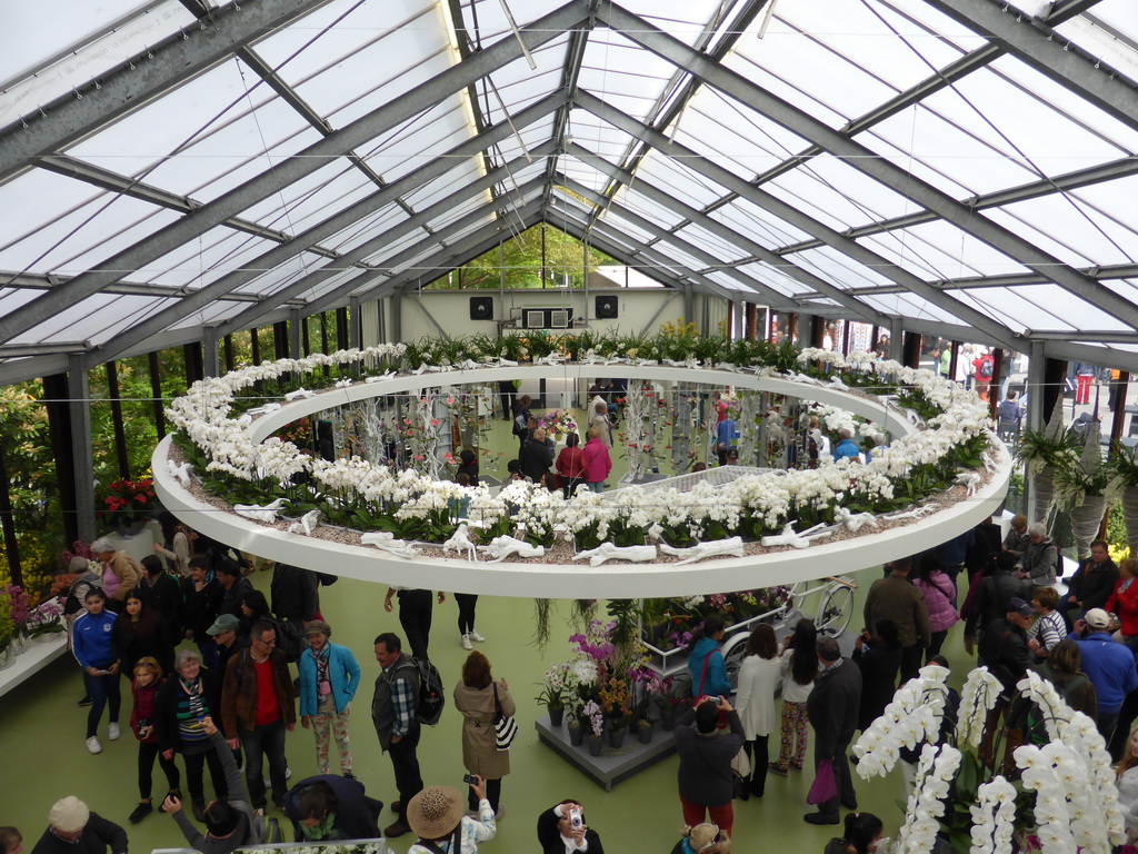 Interior of the east side of the Beatrix pavilion at the Keukenhof park, viewed from the upper floor