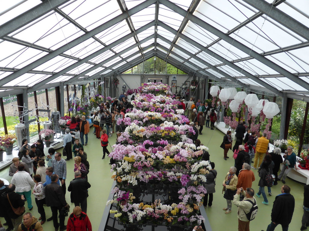 Interior of the west side of the Beatrix pavilion at the Keukenhof park, viewed from the upper floor