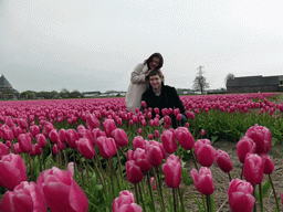 Tim and Miaomiao in a field with purple tulips and the H.H. Engelbewaarderskerk church of Lisse