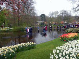 Stepstones in the central lake and flowers in a grassland near the Wilhelmina pavilion at the Keukenhof park