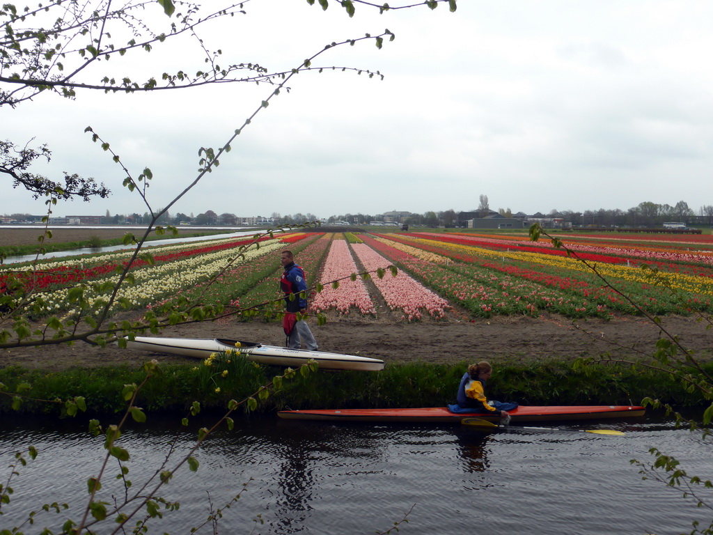 Canoes and flower fields to the northeast side of the Keukenhof park, viewed from the viewing point near the Inspiration Gardens