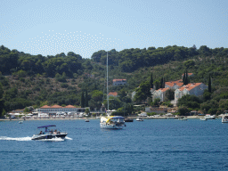 Boats in Kolocep Bay and the Donje Celo Beach, viewed from the Elaphiti Islands tour boat
