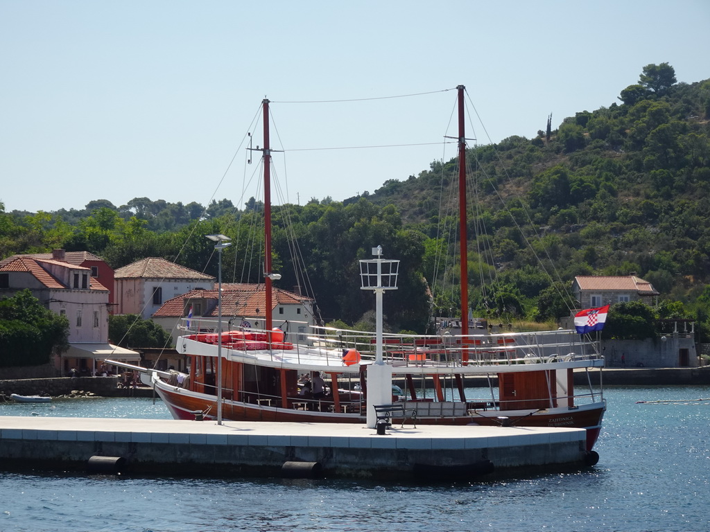 Boat at the Kolocep Harbour, viewed from the Elaphiti Islands tour boat
