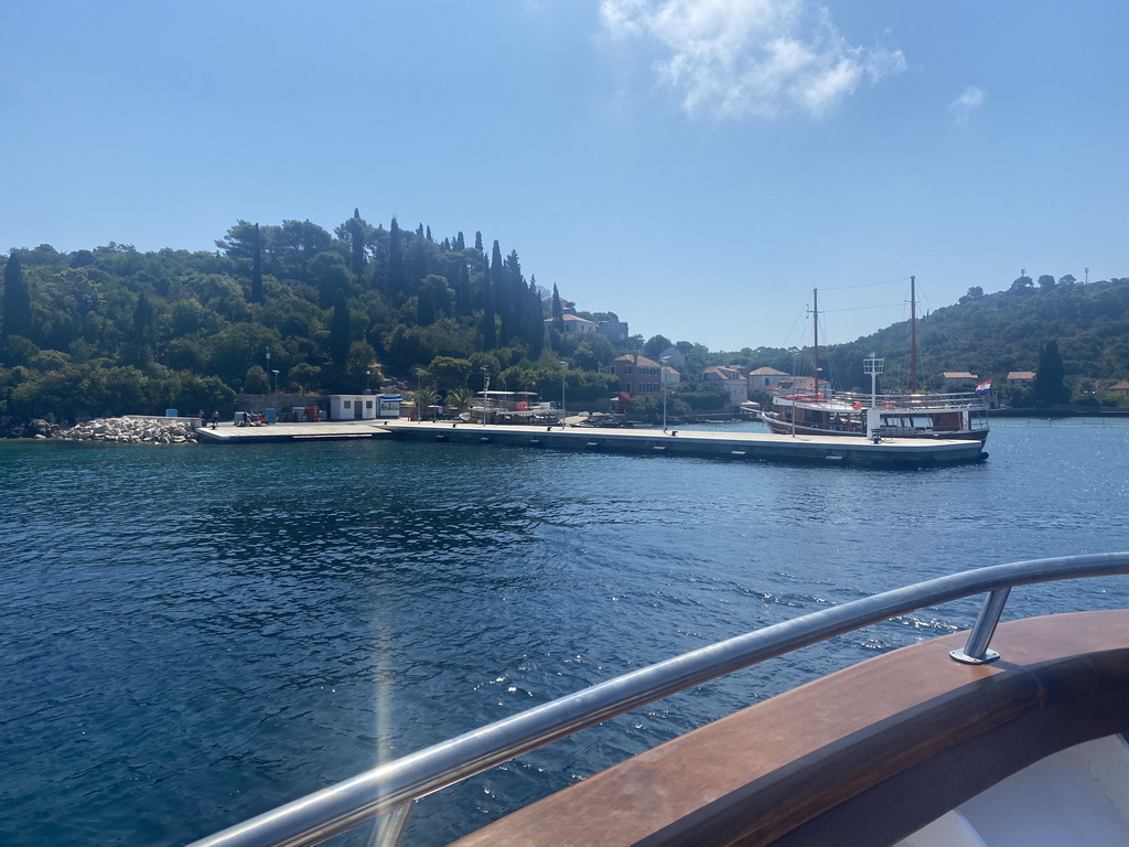 Kolocep Bay and boats at the Kolocep Harbour, viewed from the Elaphiti Islands tour boat