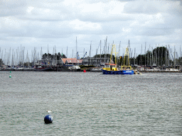 Boats on the Veerse Meer lake and the Jachthaven Wolphaartsdijk harbour, viewed from the Camping and Villa Park De Paardekreek