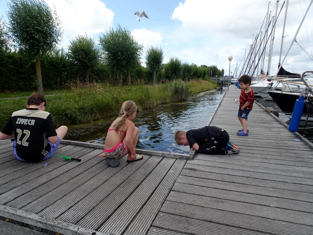 Max and his friends catching crabs on a pier at Camping and Villa Park De Paardekreek