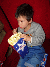 Max eating popcorn during the movie `The Secret Life of Pets 2` at the DaVinci Cinema at Goes