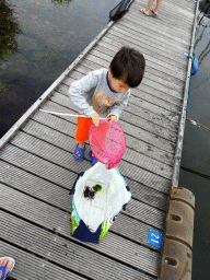 Max catching crabs on a pier at Camping and Villa Park De Paardekreek
