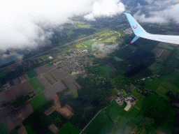 The E3 Strand lake, the village of Steensel and the Golf Club BurgGolf Gendersteyn Veldhoven, viewed from the airplane from Eindhoven