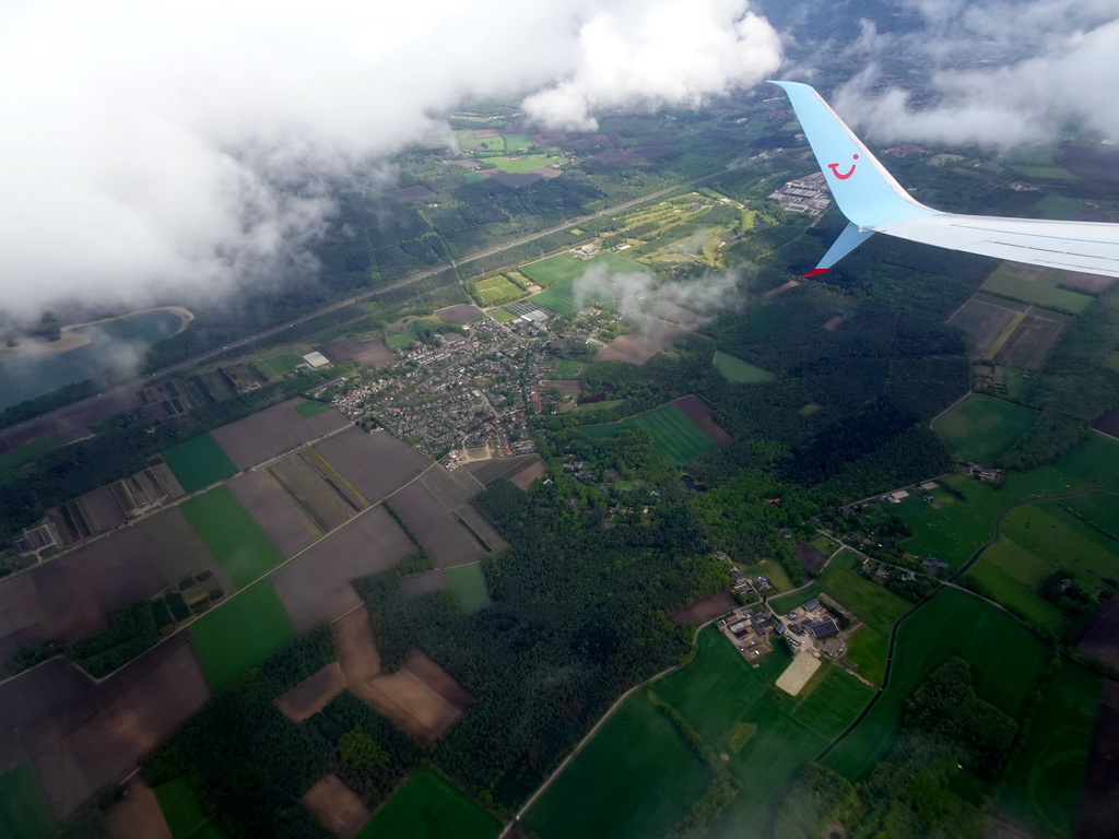 The E3 Strand lake, the village of Steensel and the Golf Club BurgGolf Gendersteyn Veldhoven, viewed from the airplane from Eindhoven