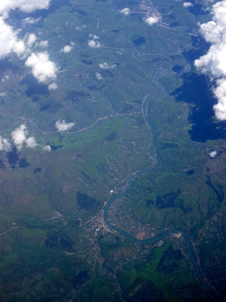 The town of Ustikolina in Bosnia And Herzegovina and the Drina river, viewed from the airplane from Eindhoven