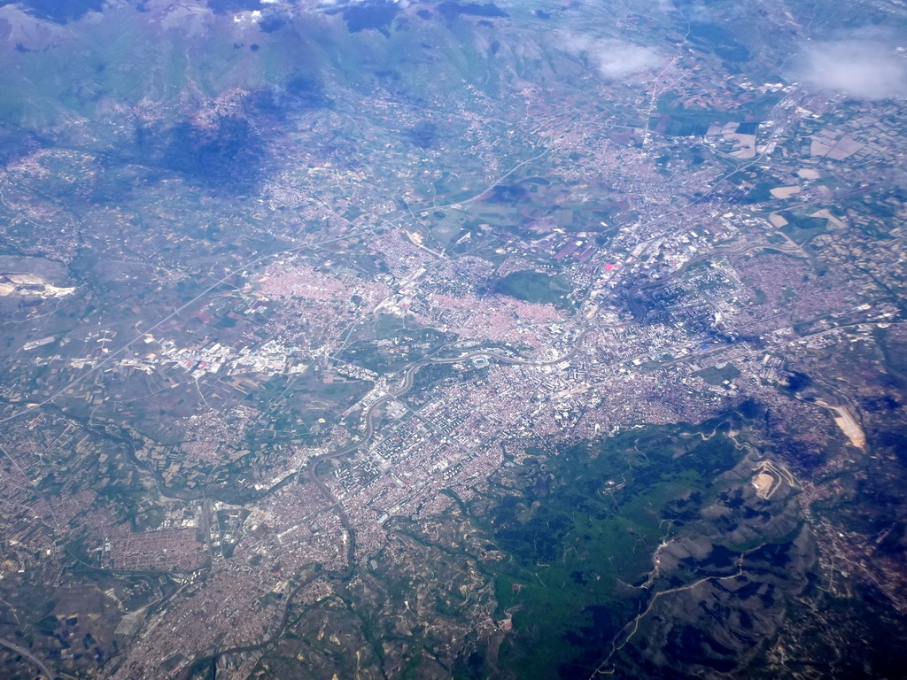 The city of Skopje in North-Macedonia, viewed from the airplane from Eindhoven