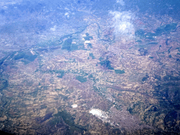 The towns of Kavadartsi, Glishikj, Marena and Negotino and the Vardar river in North-Macedonia, viewed from the airplane from Eindhoven