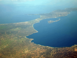The Chalkidiki region, the Mount Athis peninsula and the island of Ammouliani, viewed from the airplane from Eindhoven