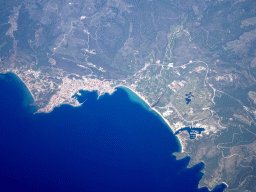 The town of Neos Marmaras, Neos Marmaros Beach and Kohi Beach at the Sithonia peninsula of the Chalkidiki region, viewed from the airplane from Eindhoven