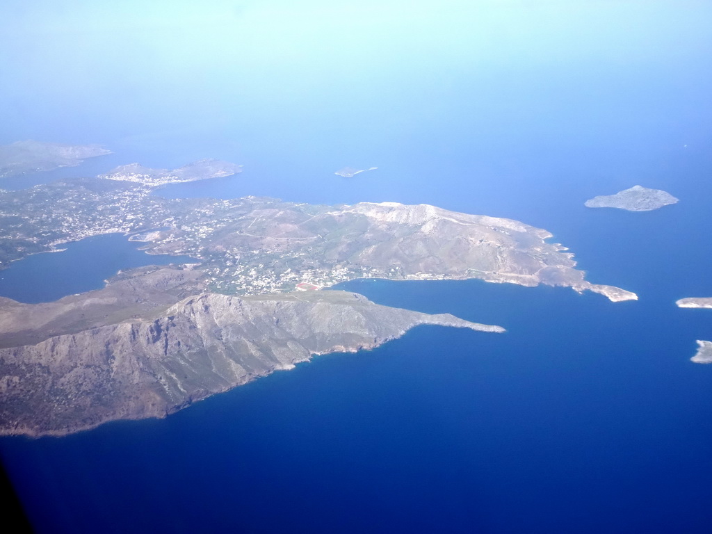 The towns of Temenia and Xirokampios on the island of Leros, viewed from the airplane from Eindhoven