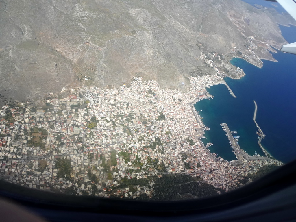 The town of Kalymnos on the island of Kalymnos, viewed from the airplane from Eindhoven