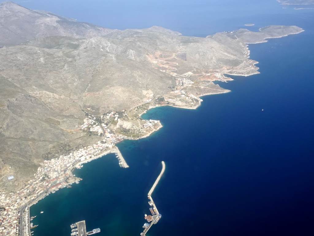 The harbour of the town of Kalymnos on the island of Kalymnos, viewed from the airplane from Eindhoven