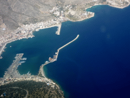 The harbour of the town of Kalymnos on the island of Kalymnos, viewed from the airplane from Eindhoven