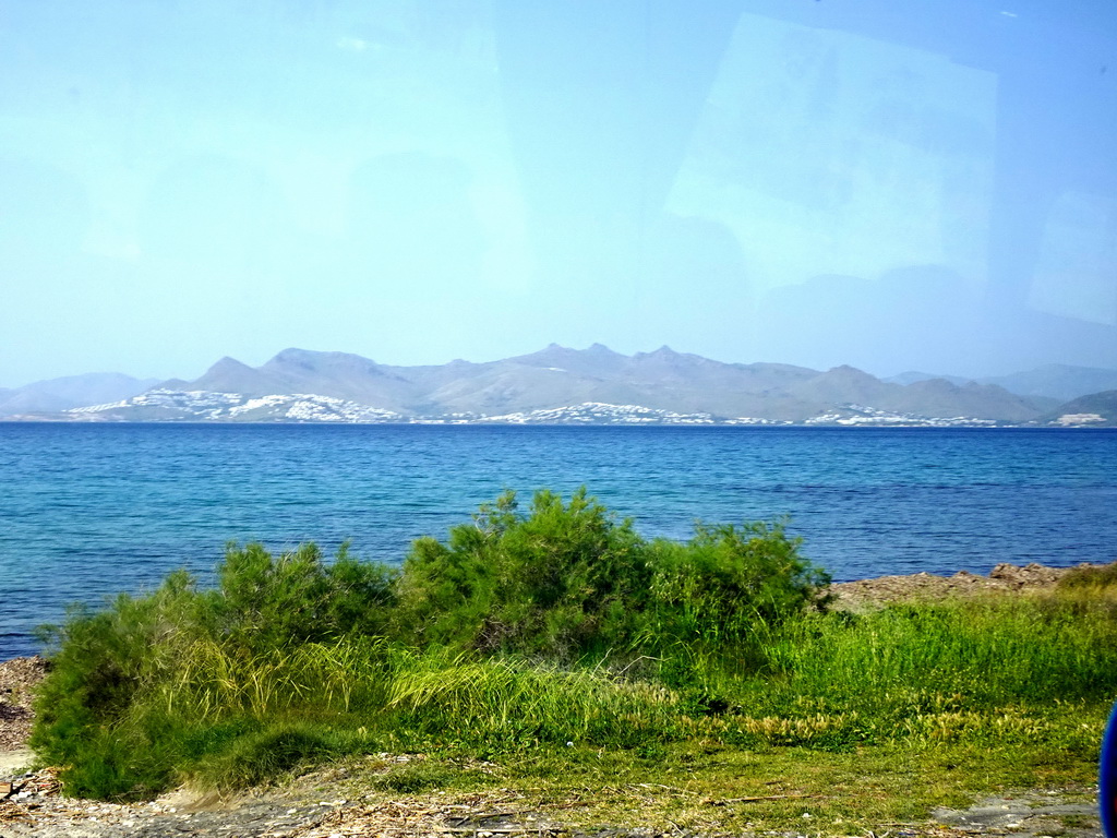 The Aegean Sea and the Bodrum Peninsula in Turkey, viewed from the bus near Aeolos Beach from Kos International Airport Hippocrates to the Blue Lagoon Resort