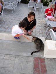 Miaomiao and Max with a cat at the terrace of the Ilios Lounge Bar at the Blue Lagoon Resort