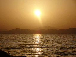 The Aegean Sea and the Bodrum Peninsula in Turkey, viewed from the beach of the Blue Lagoon Resort, at sunset