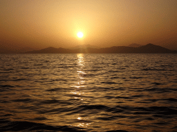 The Aegean Sea and the Bodrum Peninsula in Turkey, viewed from the beach of the Blue Lagoon Resort, at sunset