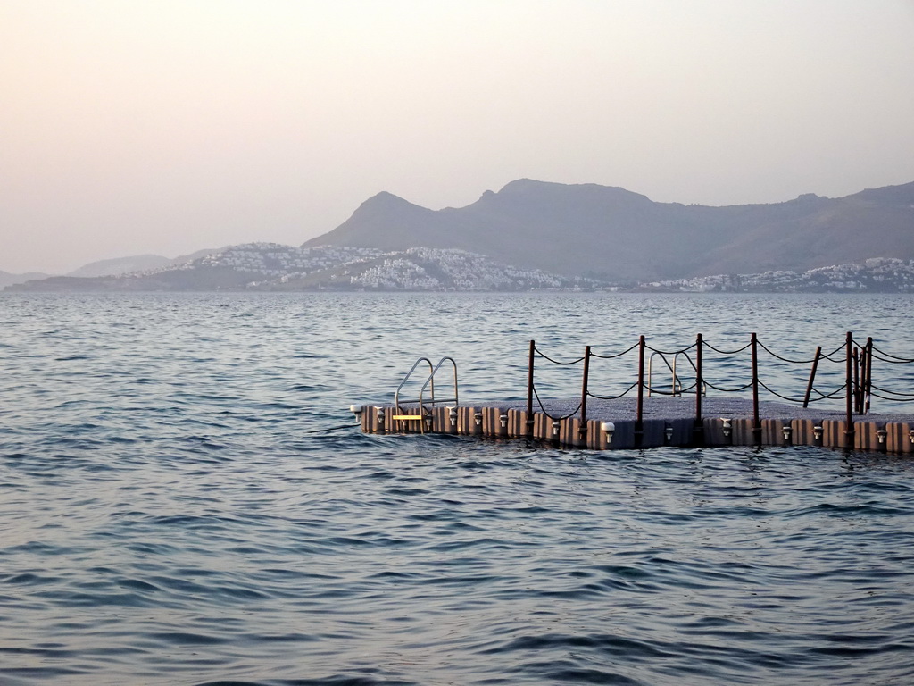 The Aegean Sea and the Bodrum Peninsula in Turkey, viewed from the beach of the Blue Lagoon Resort, at sunset