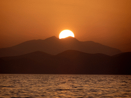 The Aegean Sea and the Bodrum Peninsula in Turkey, viewed from the beach of the Blue Lagoon Resort, at sunset