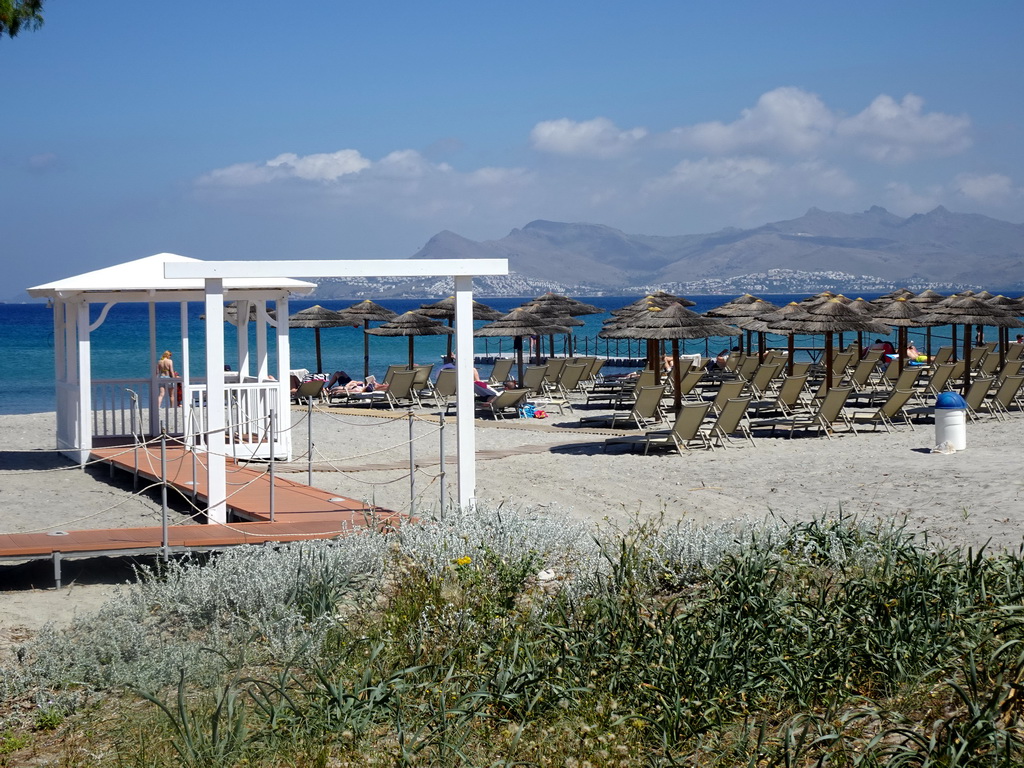 The beach of the Blue Lagoon Resort, the Aegean Sea and the Bodrum Peninsula in Turkey