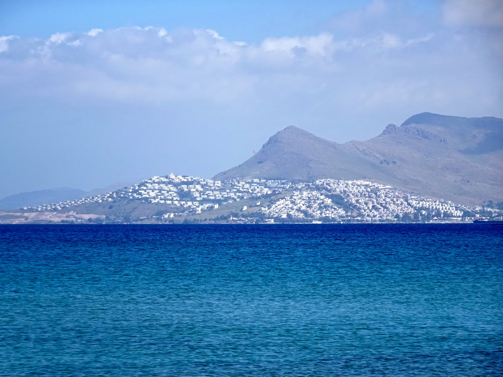 The Aegean Sea and the Bodrum Peninsula in Turkey, viewed from the beach of the Blue Lagoon Resort, at sunset