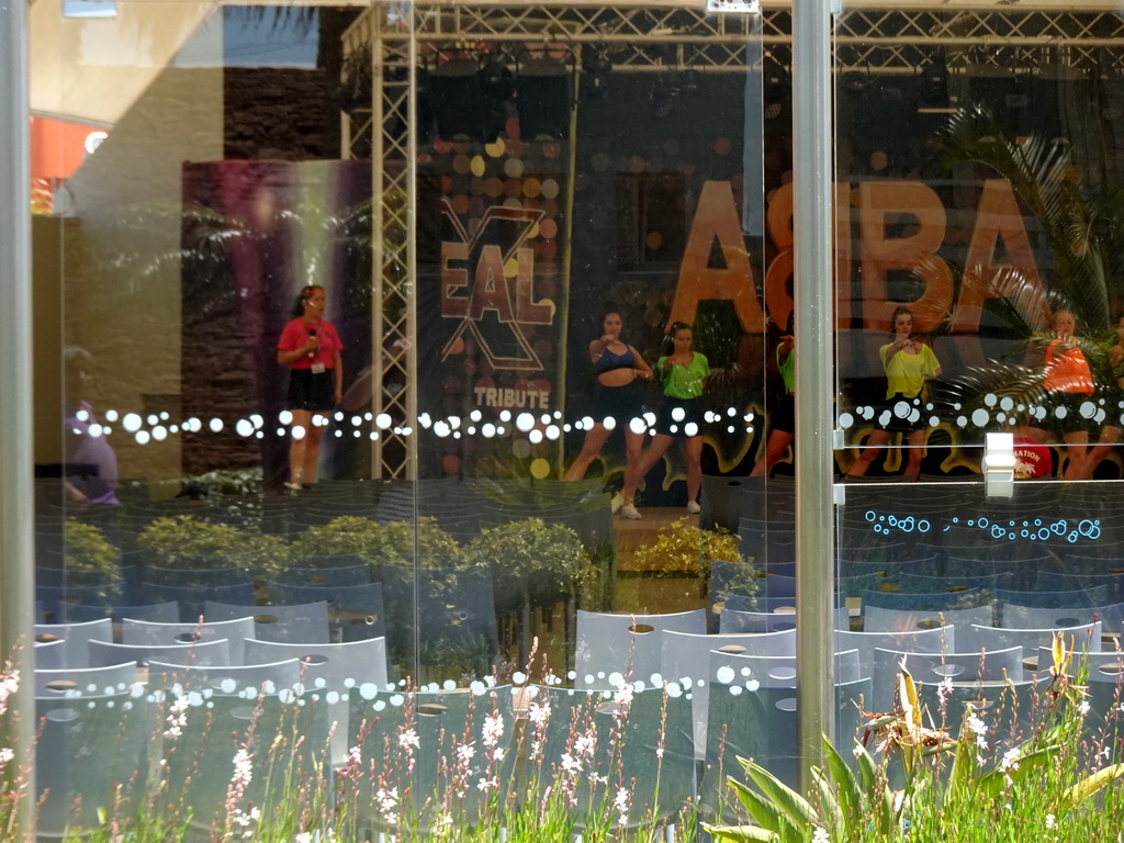 Singer and dancers practicing for the ABBA Tribute at the Entertainment Tent at the Blue Lagoon Resort