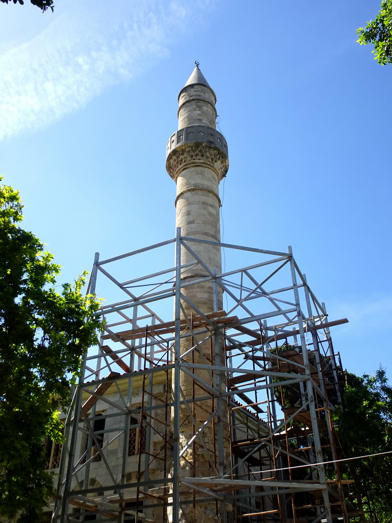 The tower of the Gazi Hassan Pasha Mosque, viewed from the Platía Platanou square