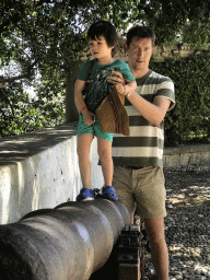 Tim and Max on a cannon at the Platía Platanou square