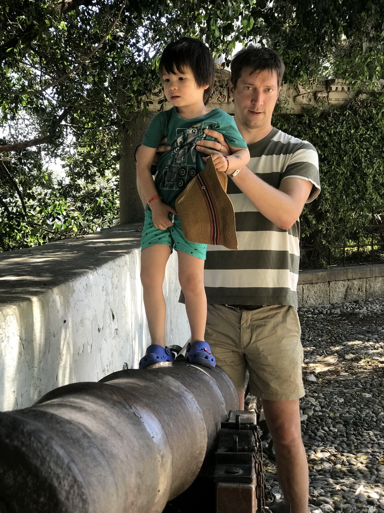 Tim and Max on a cannon at the Platía Platanou square