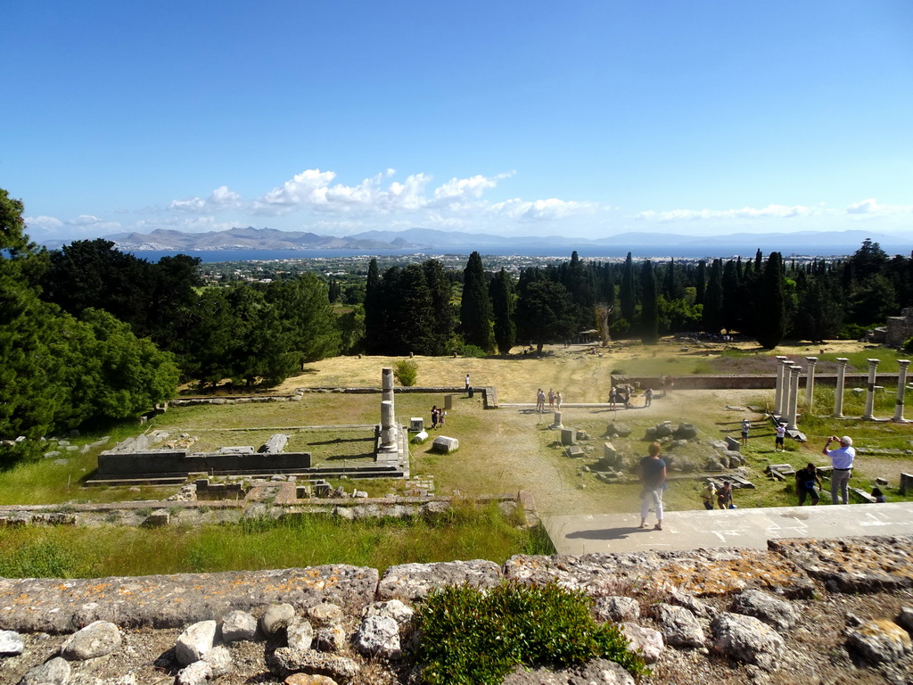 The lower level, First Terrace and Second Terrace of the Asclepeion, the Aegean Sea and the Bodrum Peninsula in Turkey, viewed from the Third Terrace